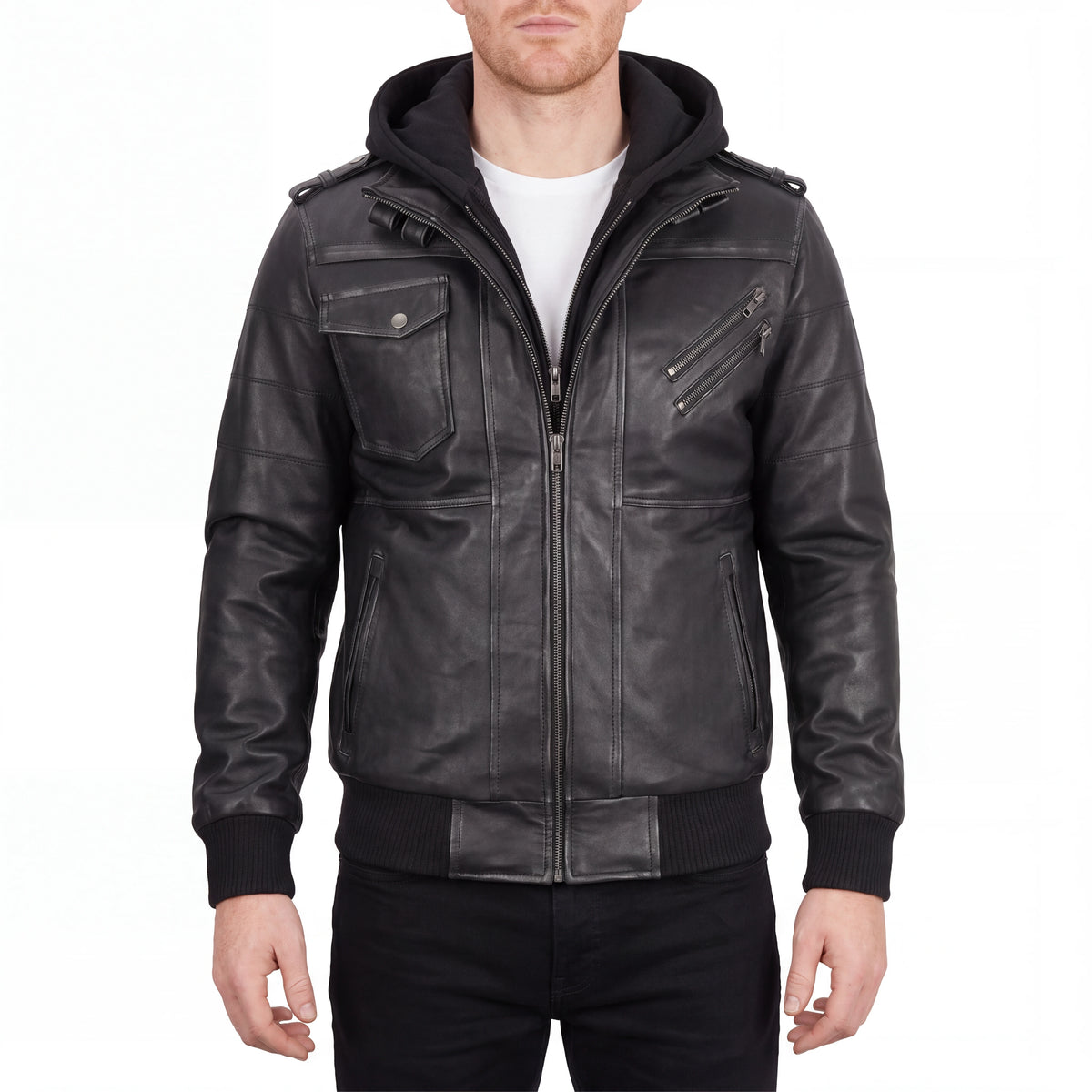 Crosslane Men’s Grey Leather Bomber Jacket with Removable Hood