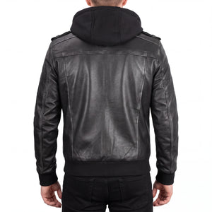 Crosslane Men’s Grey Leather Bomber Jacket with Removable Hood