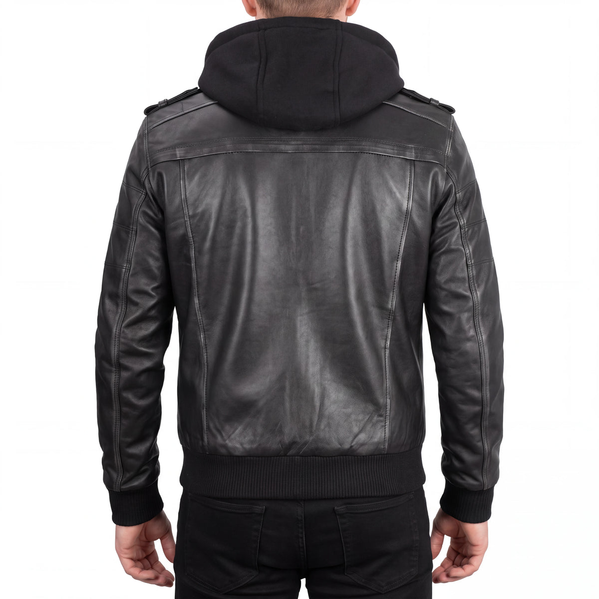 Crosslane Men’s Grey Leather Bomber Jacket with Removable Hood
