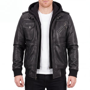 Crosslane Men’s Grey Leather Bomber Jacket with Removable Hood