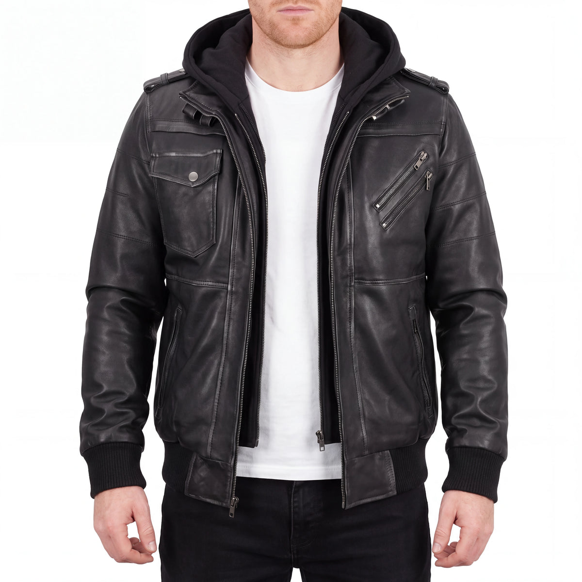 Crosslane Men’s Grey Leather Bomber Jacket with Removable Hood