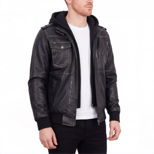Crosslane Men’s Grey Leather Bomber Jacket with Removable Hood