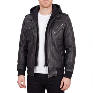 Crosslane Men’s Grey Leather Bomber Jacket with Removable Hood