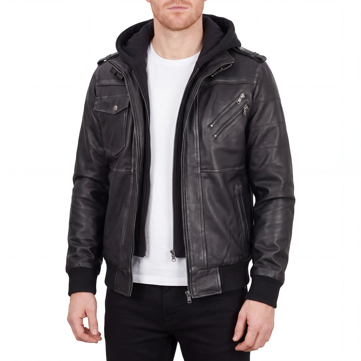 Crosslane Men’s Grey Leather Bomber Jacket with Removable Hood