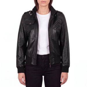 Crosslane Women's Black Leather Bomber Jacket with Removable Hood
