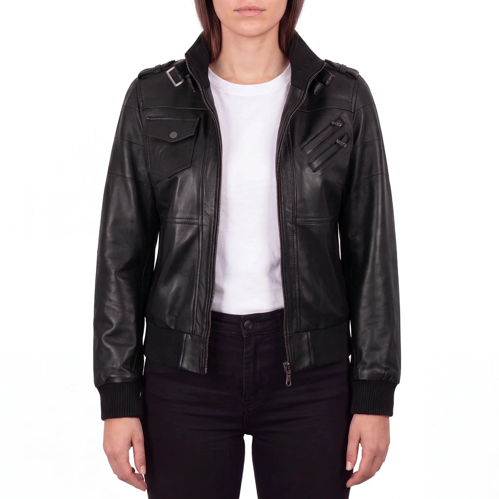 Crosslane Women's Black Leather Bomber Jacket with Removable Hood