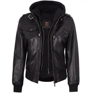 Crosslane Women's Black Leather Bomber Jacket with Removable Hood