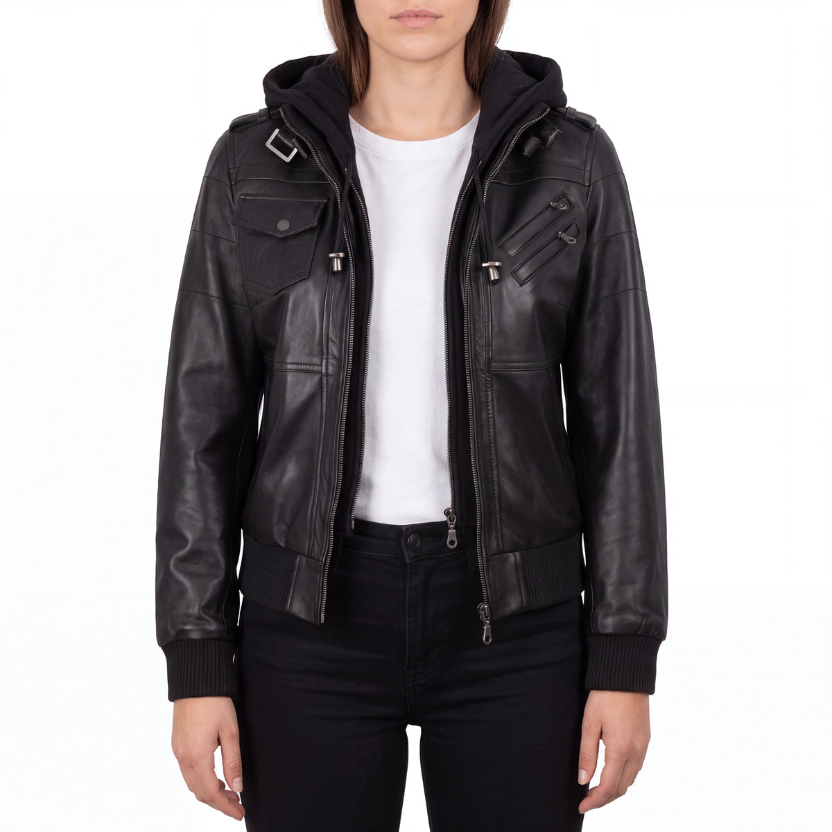 Crosslane Women's Black Leather Bomber Jacket with Removable Hood