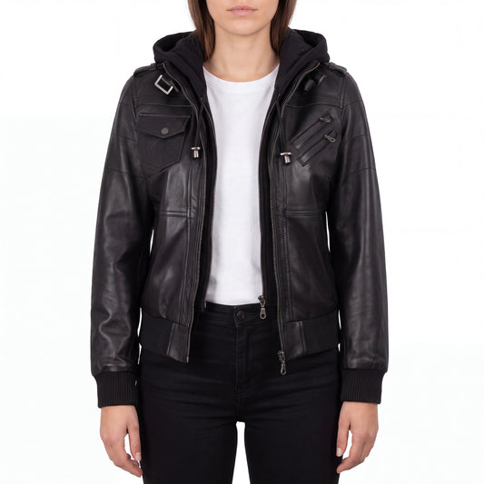 Crosslane Women's Black Leather Bomber Jacket with Removable Hood