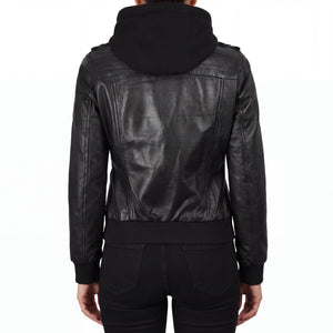 Crosslane Women's Black Leather Bomber Jacket with Removable Hood