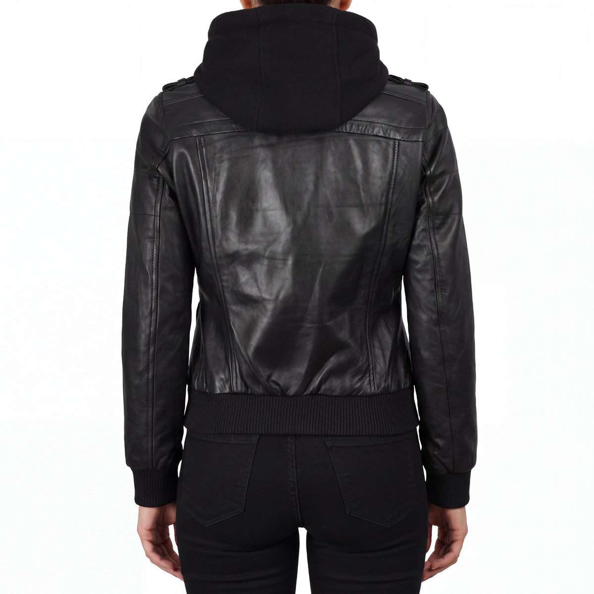 Crosslane Women's Black Leather Bomber Jacket with Removable Hood