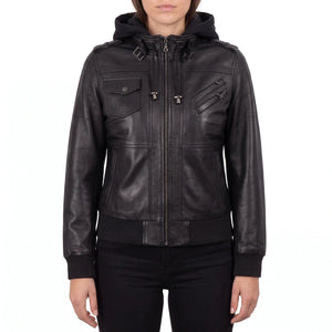 Crosslane Women's Black Leather Bomber Jacket with Removable Hood