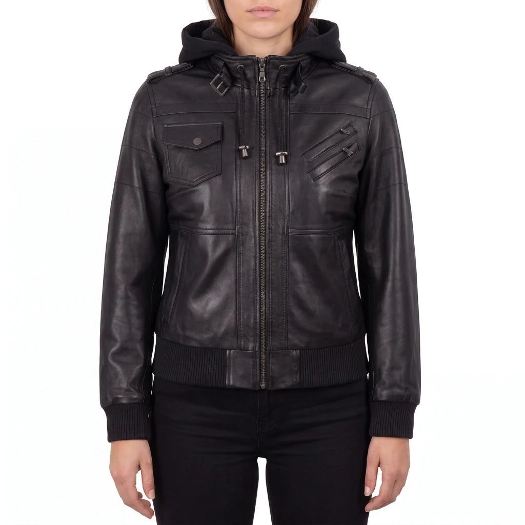 Crosslane Women's Black Leather Bomber Jacket with Removable Hood