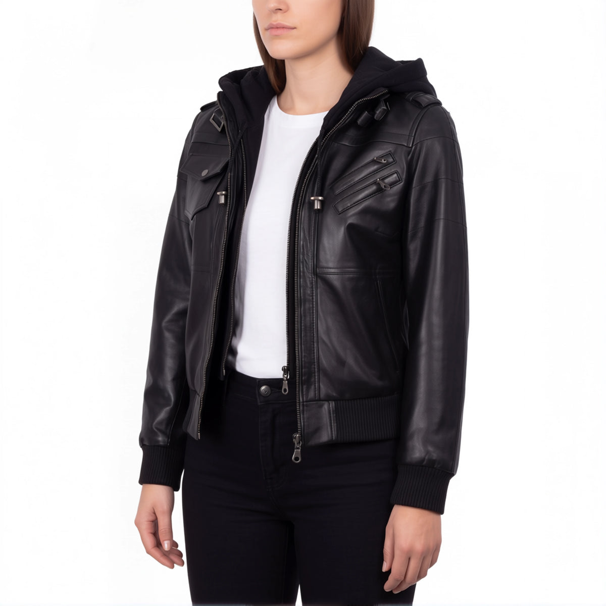 Crosslane Women's Black Leather Bomber Jacket with Removable Hood