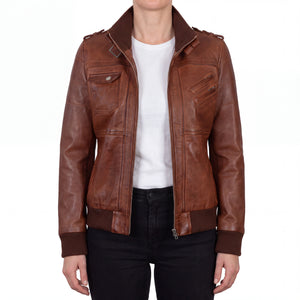 Crosslane Women's Brown Leather Bomber Jacket with Removable Hood