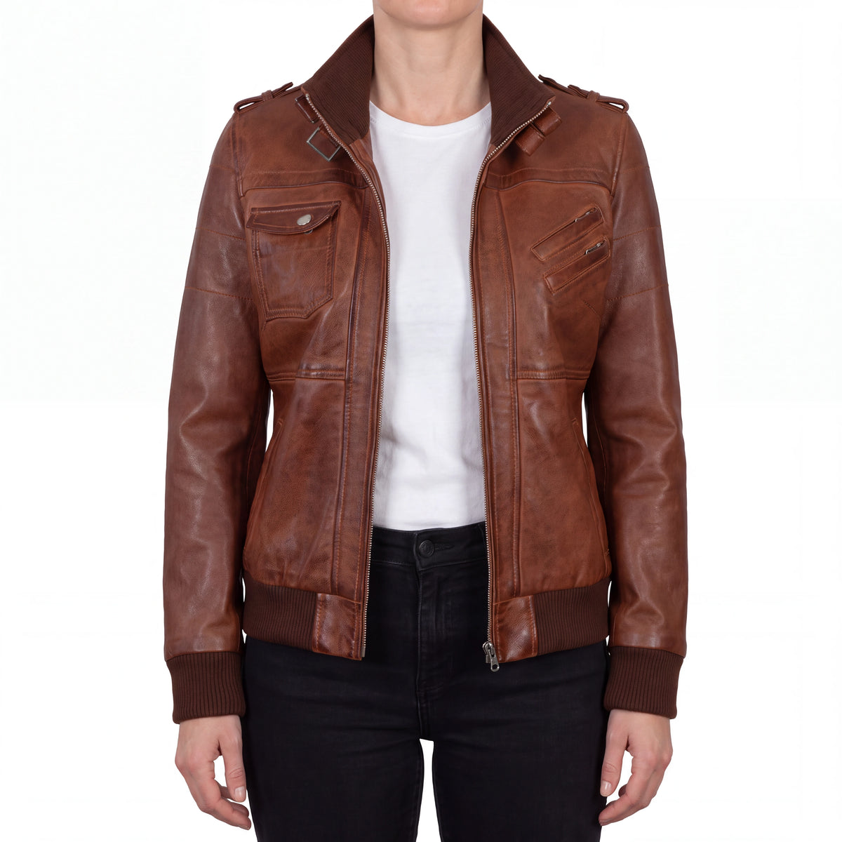 Crosslane Women's Brown Leather Bomber Jacket with Removable Hood
