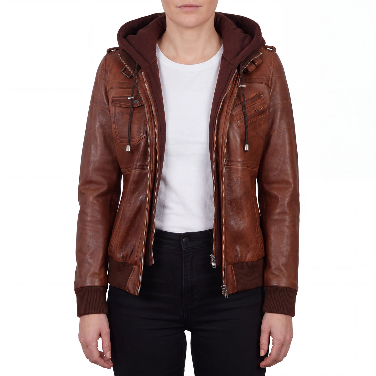Crosslane Women's Brown Leather Bomber Jacket with Removable Hood