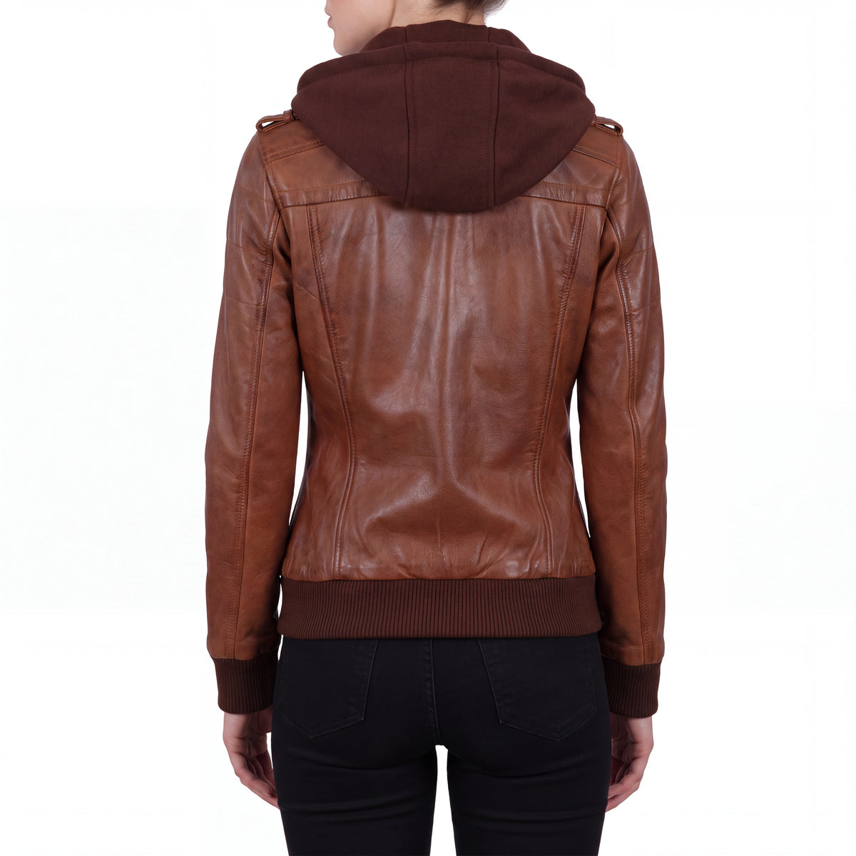 Crosslane Women's Brown Leather Bomber Jacket with Removable Hood