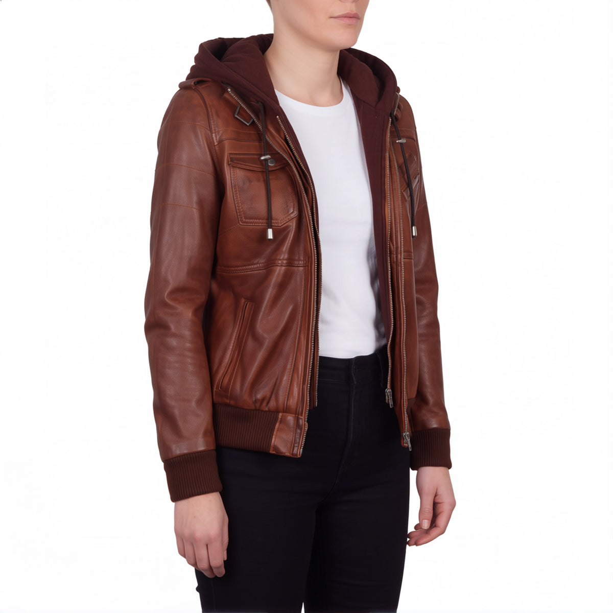 Crosslane Women's Brown Leather Bomber Jacket with Removable Hood