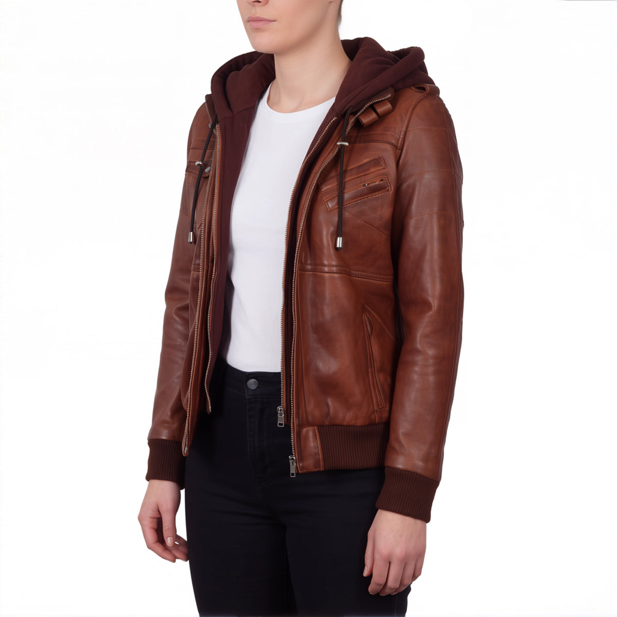 Crosslane Women's Brown Leather Bomber Jacket with Removable Hood