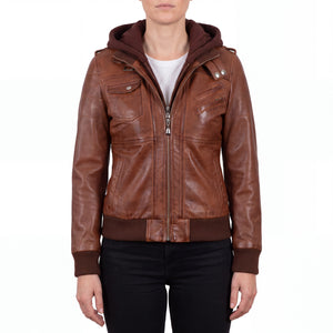 Crosslane Women's Brown Leather Bomber Jacket with Removable Hood