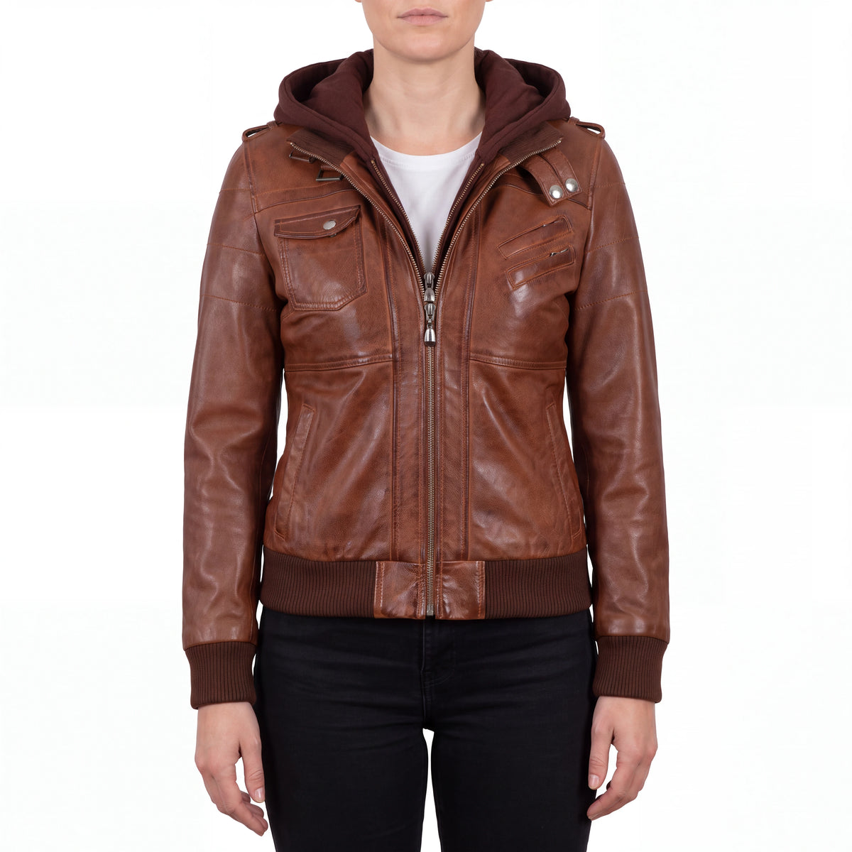 Crosslane Women's Brown Leather Bomber Jacket with Removable Hood