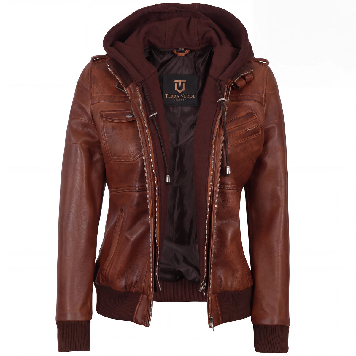 Crosslane Women's Brown Leather Bomber Jacket with Removable Hood