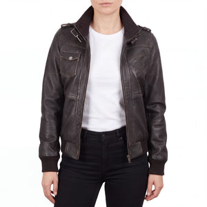 Crosslane Women's Dark Brown Leather Bomber Jacket with Removable Hood