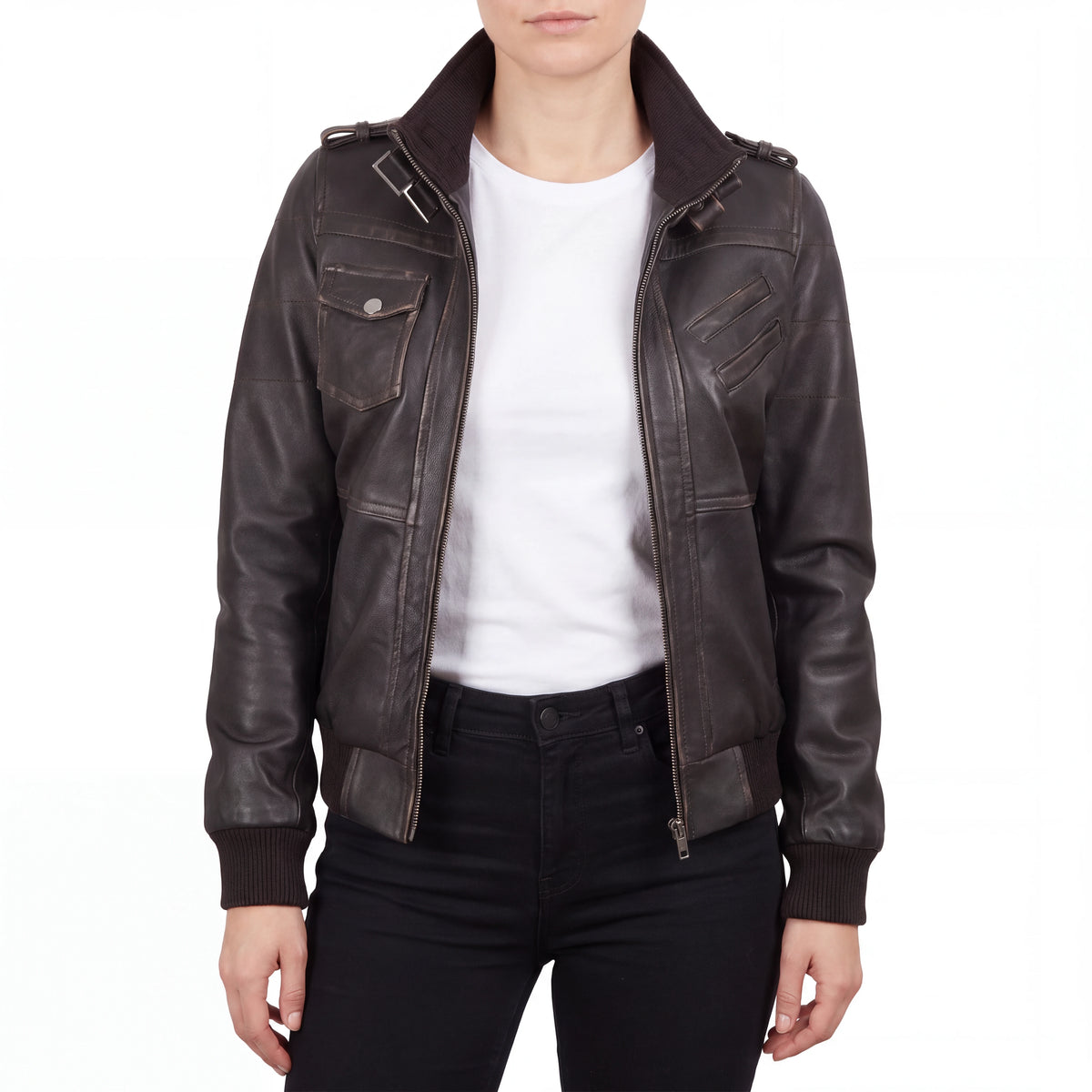 Crosslane Women's Dark Brown Leather Bomber Jacket with Removable Hood