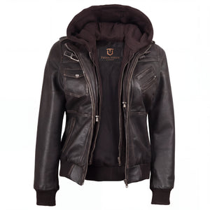 Crosslane Women's Dark Brown Leather Bomber Jacket with Removable Hood