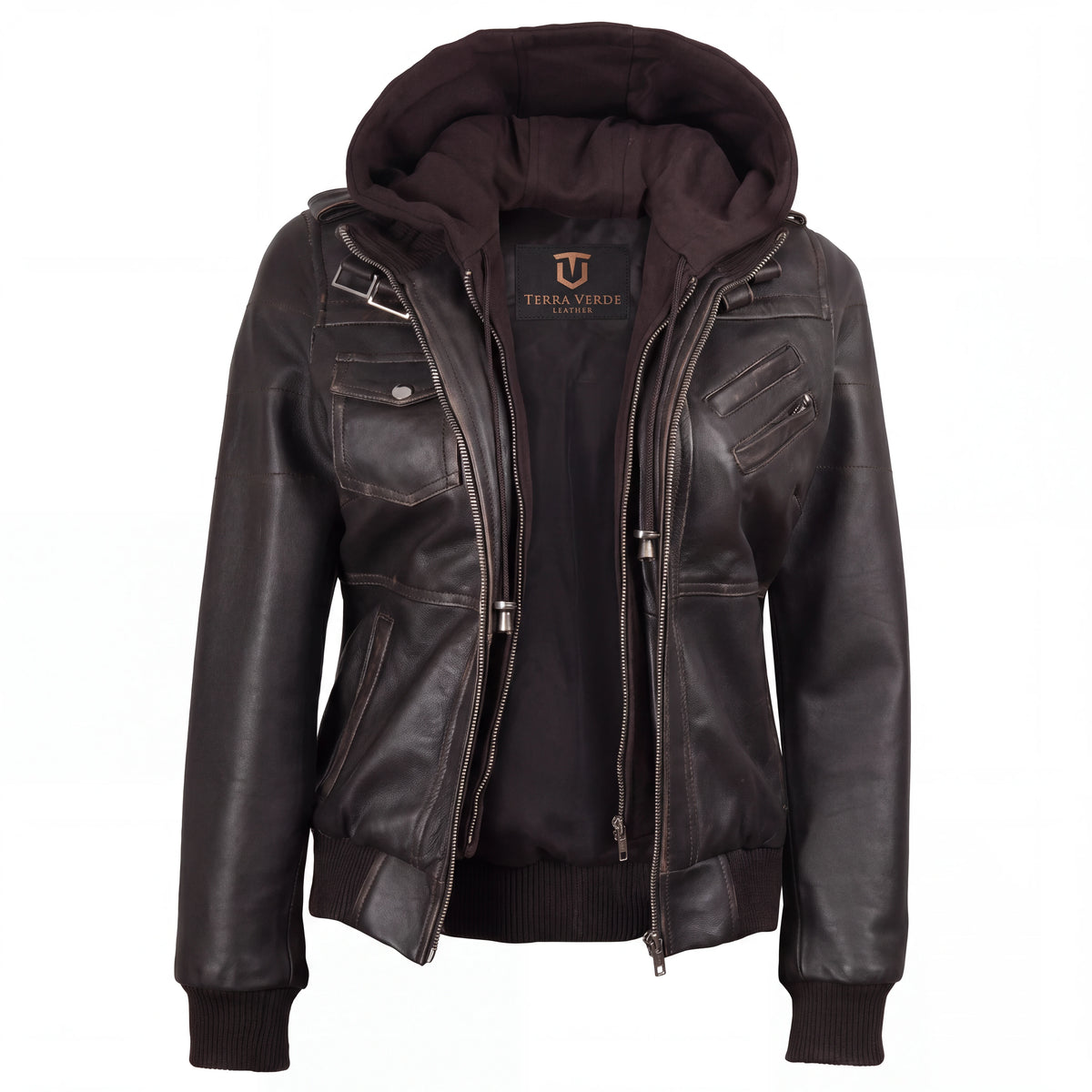 Crosslane Women's Dark Brown Leather Bomber Jacket with Removable Hood
