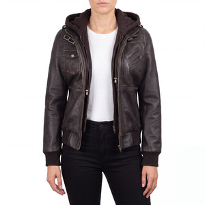 Crosslane Women's Dark Brown Leather Bomber Jacket with Removable Hood