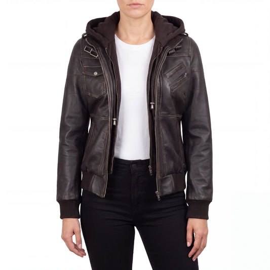 Crosslane Women's Dark Brown Leather Bomber Jacket with Removable Hood
