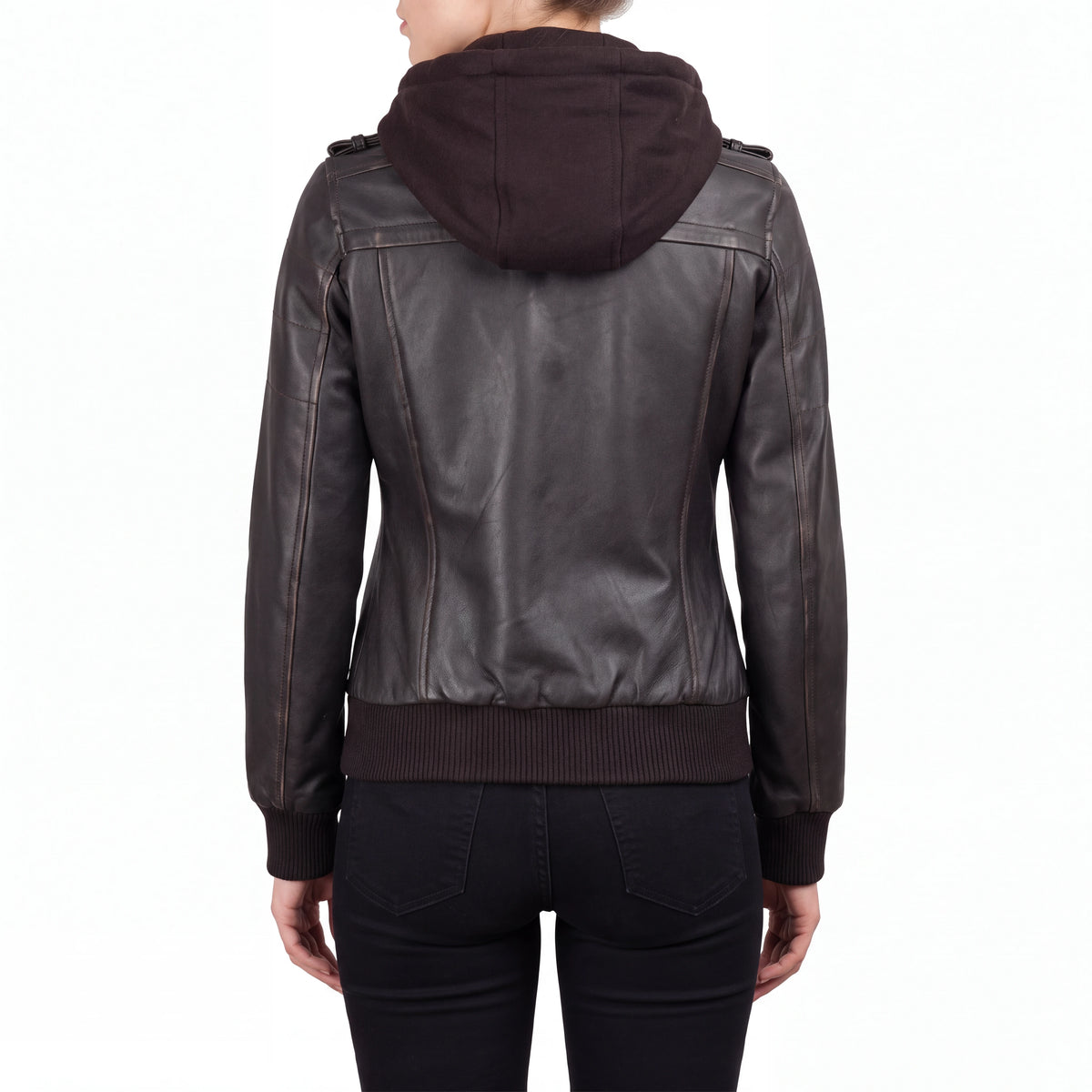 Crosslane Women's Dark Brown Leather Bomber Jacket with Removable Hood