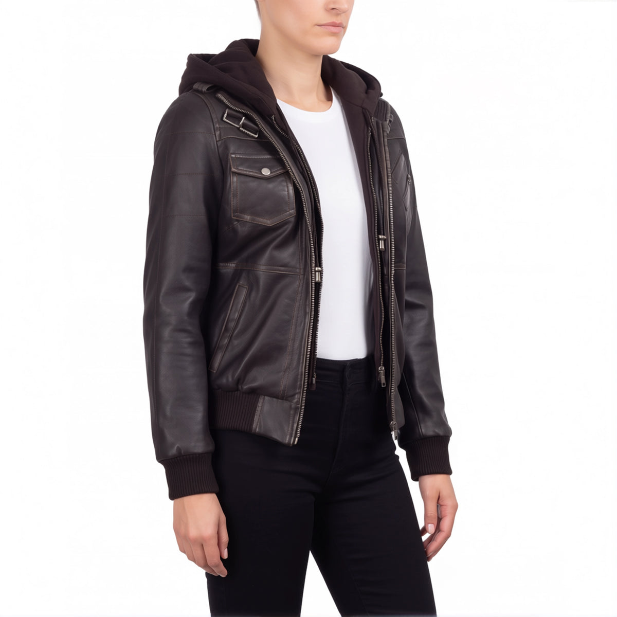 Crosslane Women's Dark Brown Leather Bomber Jacket with Removable Hood