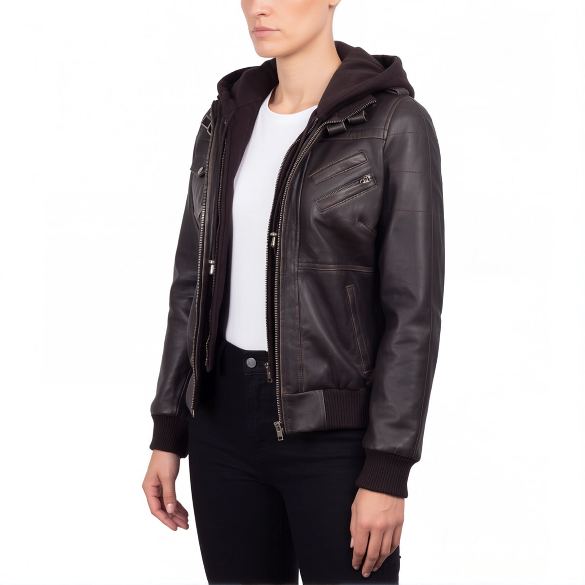 Crosslane Women's Dark Brown Leather Bomber Jacket with Removable Hood
