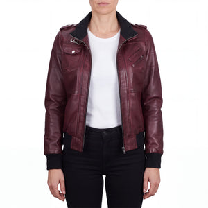 Crosslane Womens Maroon Leather Bomber Jacket with Removable Hood
