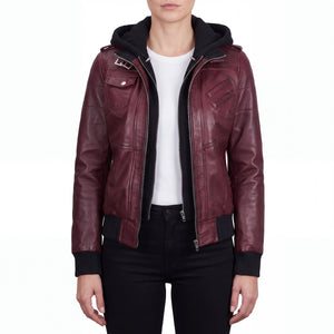Crosslane Womens Maroon Leather Bomber Jacket with Removable Hood