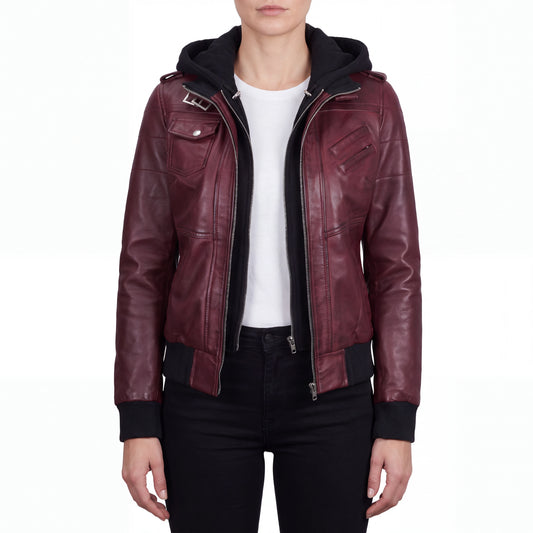 Crosslane Womens Maroon Leather Bomber Jacket with Removable Hood