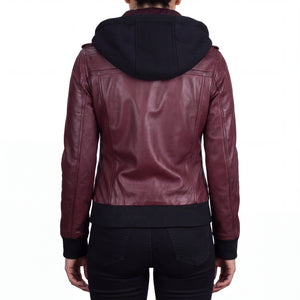 Crosslane Womens Maroon Leather Bomber Jacket with Removable Hood