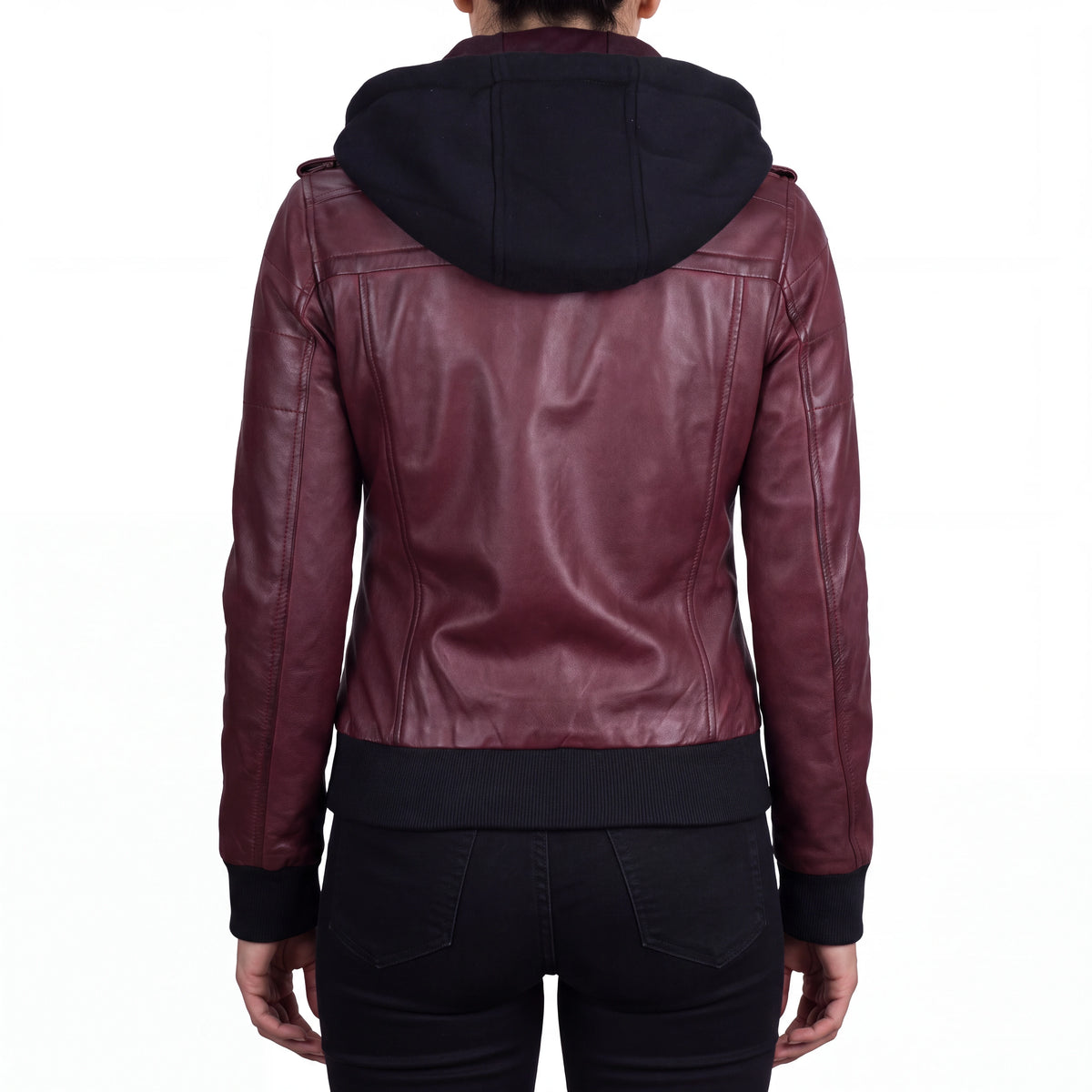 Crosslane Womens Maroon Leather Bomber Jacket with Removable Hood