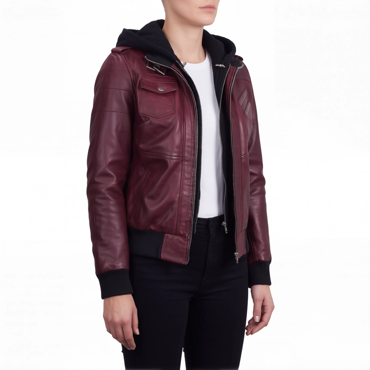 Crosslane Womens Maroon Leather Bomber Jacket with Removable Hood
