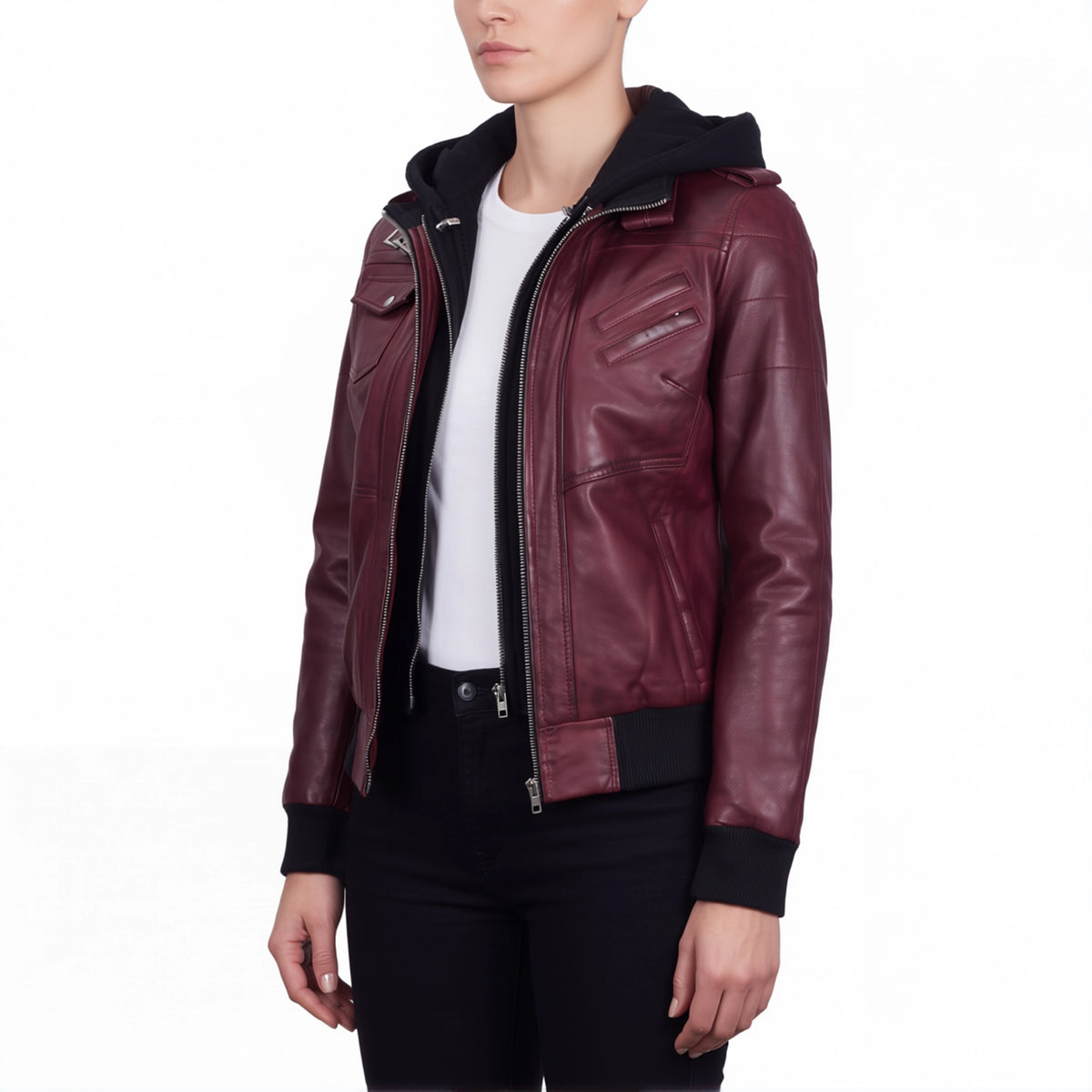 Crosslane Womens Maroon Leather Bomber Jacket with Removable Hood