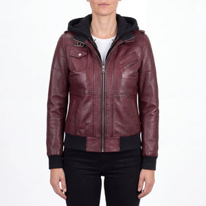 Crosslane Womens Maroon Leather Bomber Jacket with Removable Hood