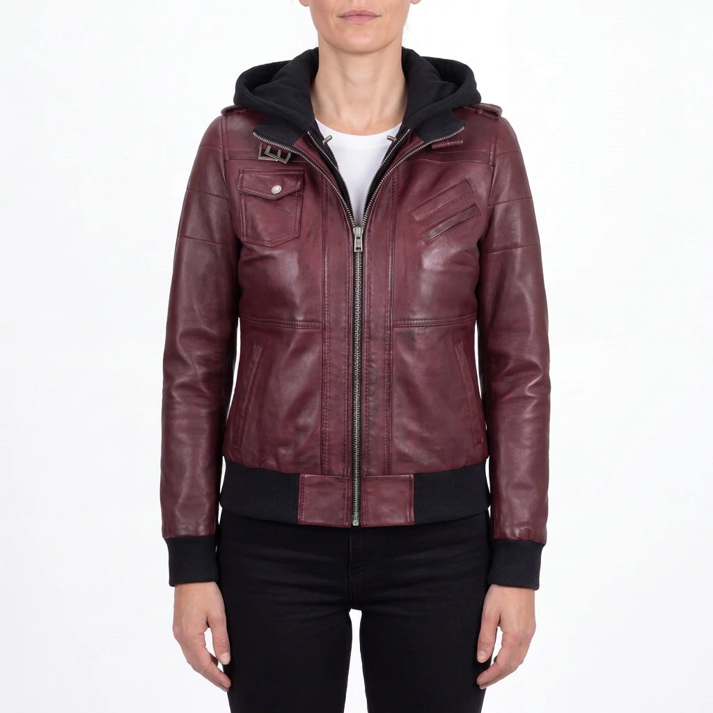 Crosslane Womens Maroon Leather Bomber Jacket with Removable Hood