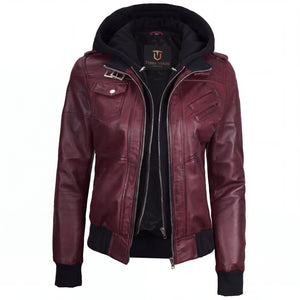 Crosslane Womens Maroon Leather Bomber Jacket with Removable Hood