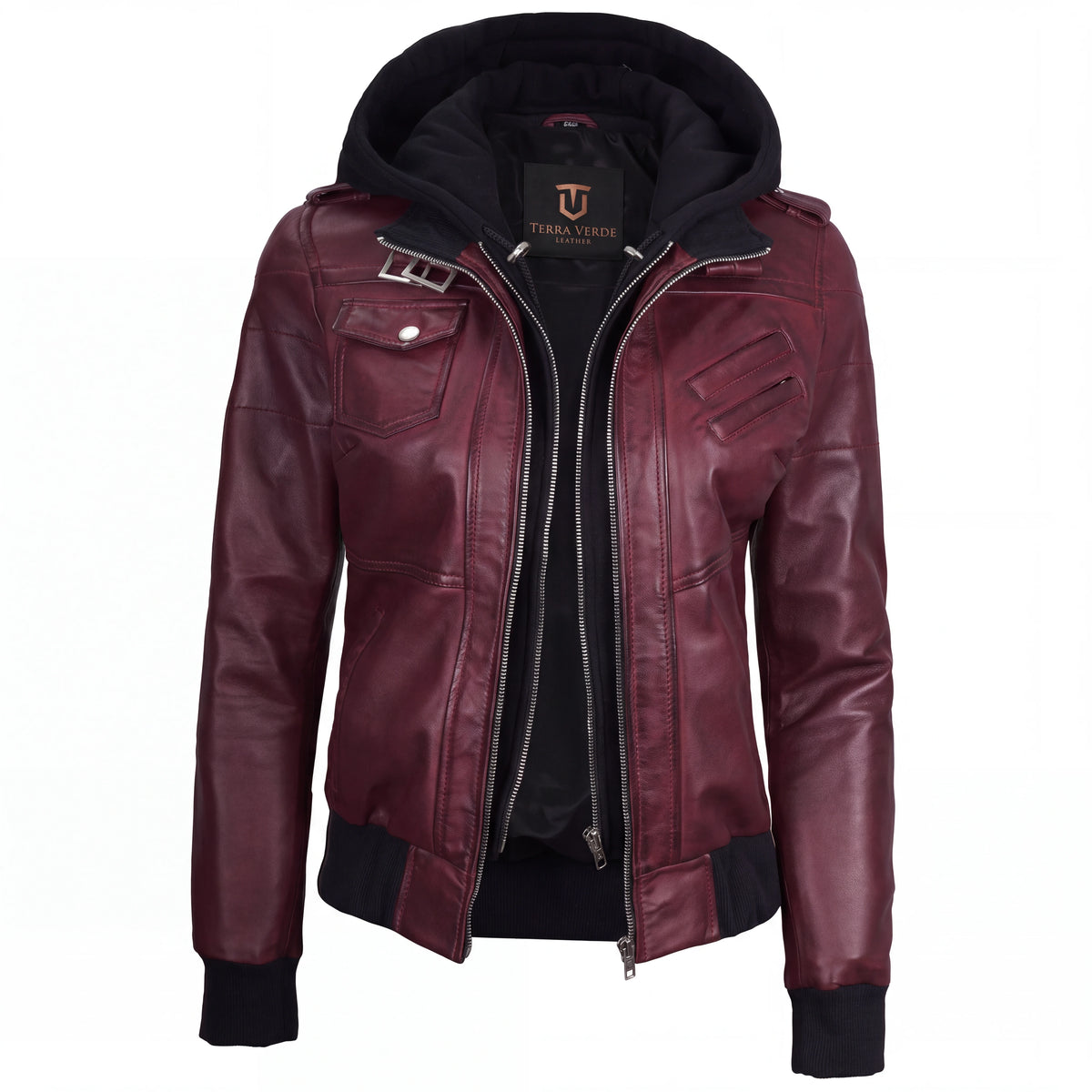 Crosslane Womens Maroon Leather Bomber Jacket with Removable Hood