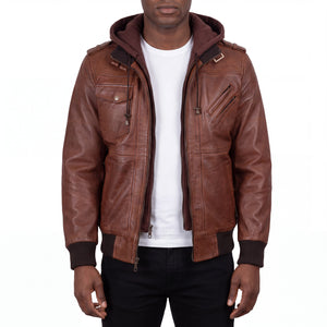 Crosslane Men’s Brown Leather Bomber Jacket with Removable Hood