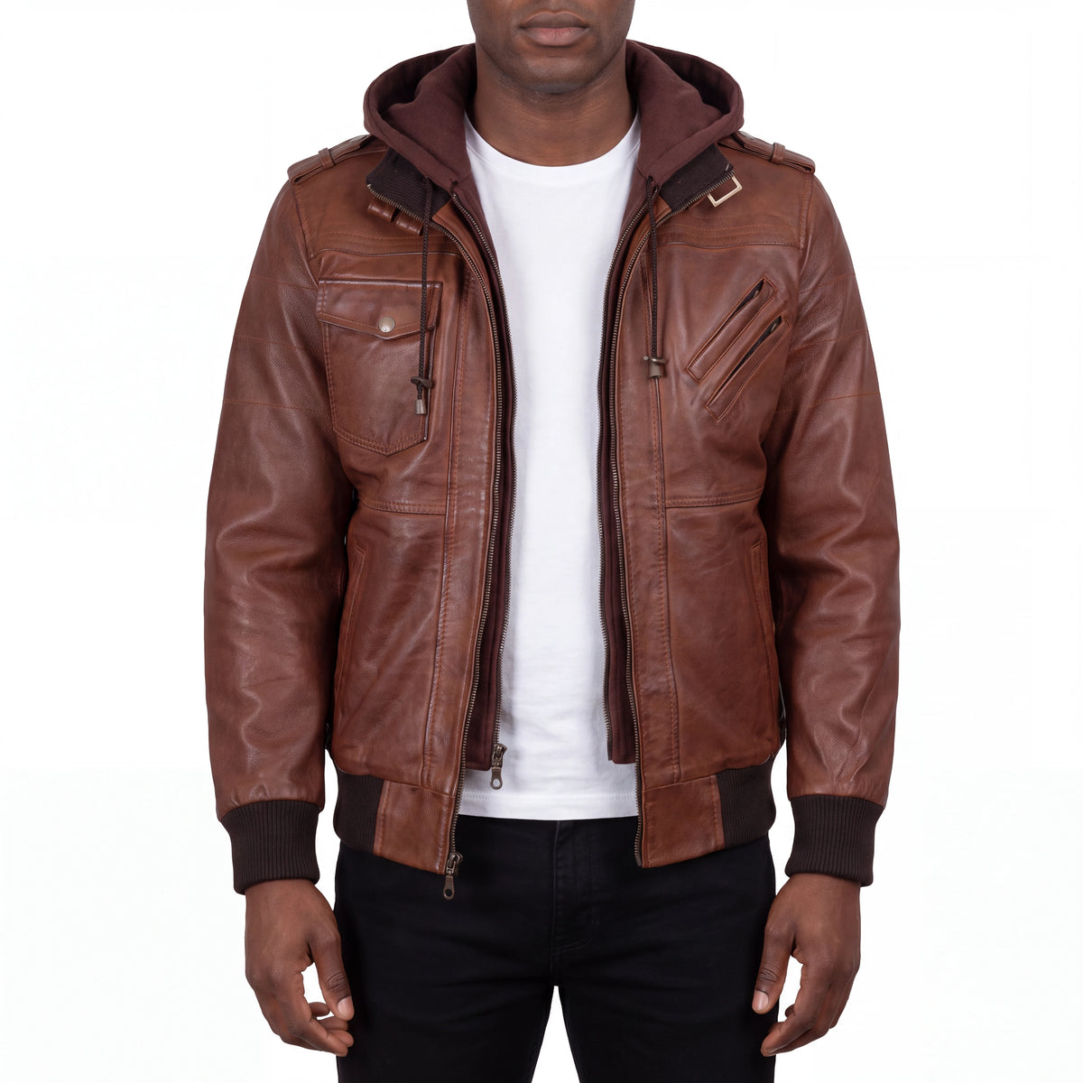 Crosslane Men’s Brown Leather Bomber Jacket with Removable Hood