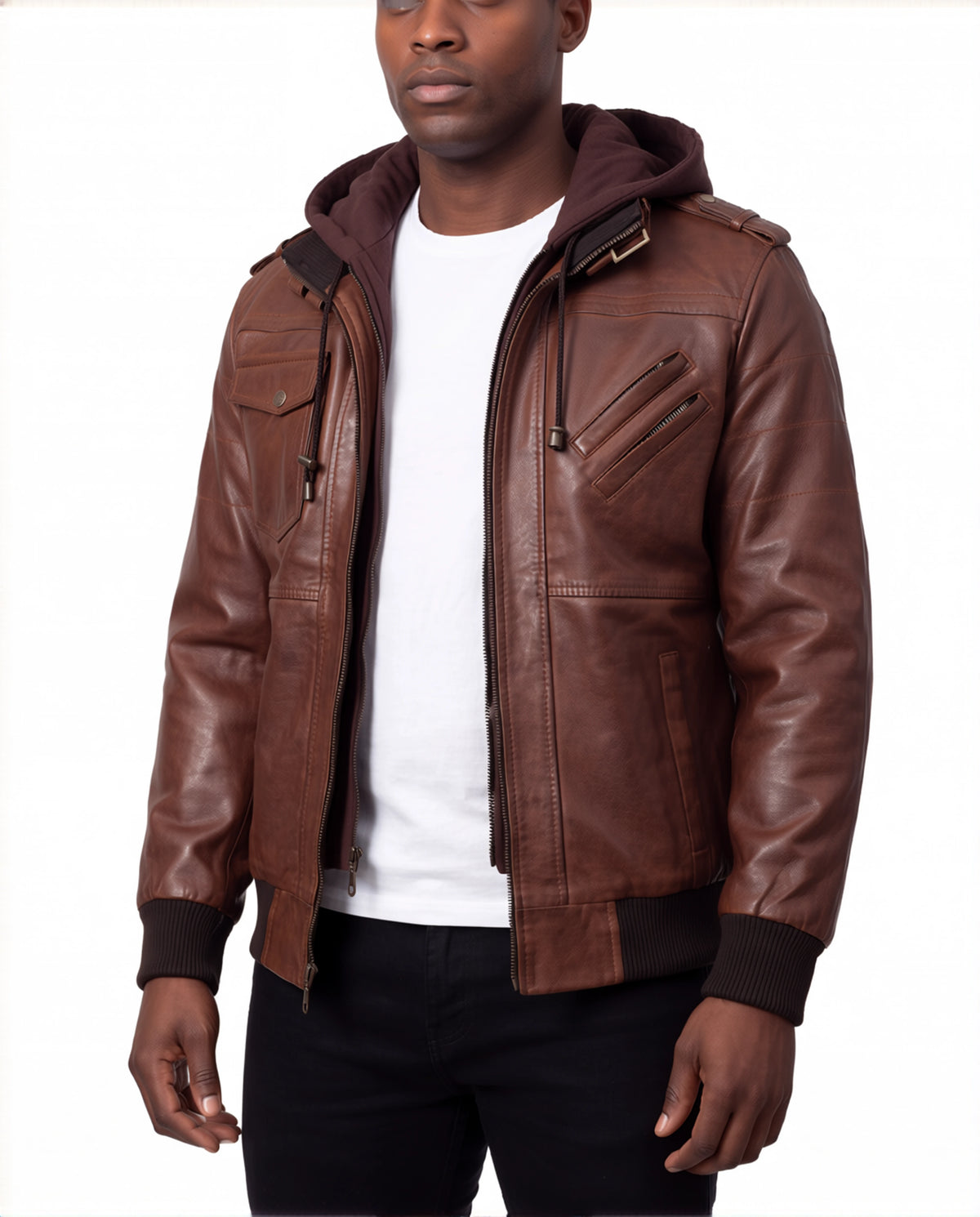 Crosslane Men’s Brown Leather Bomber Jacket with Removable Hood